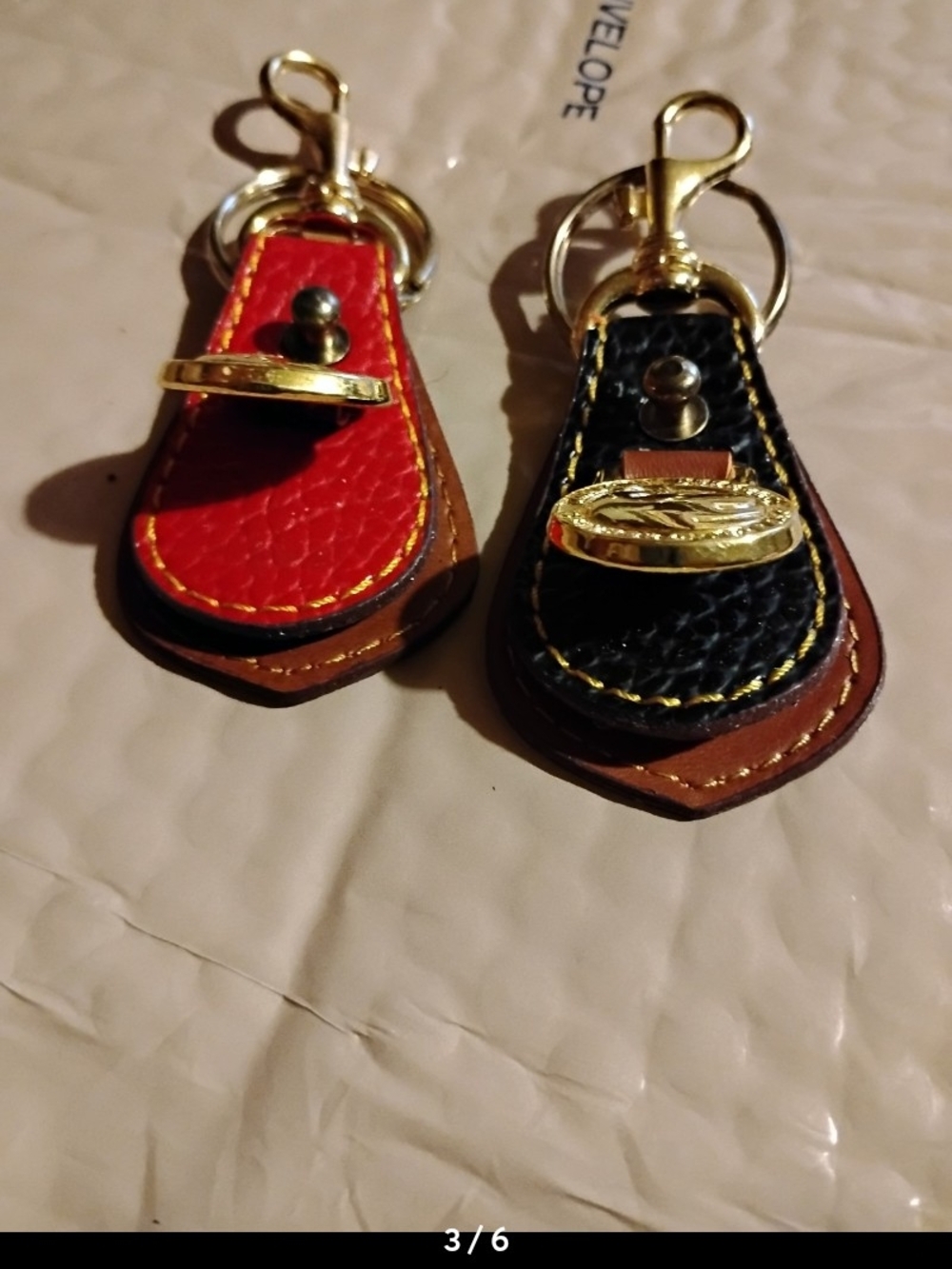 2#Leather Key Fob Pair with Gold Swan Medallions - Red & Black - Picture 2 of 6